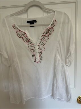 Calvin Klein Jeans White V-Neck Tunic with Red and Olive Embroidery Accents